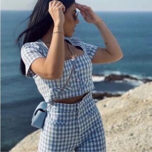 Zara Blue Gingham Short Sleeve Crop Top